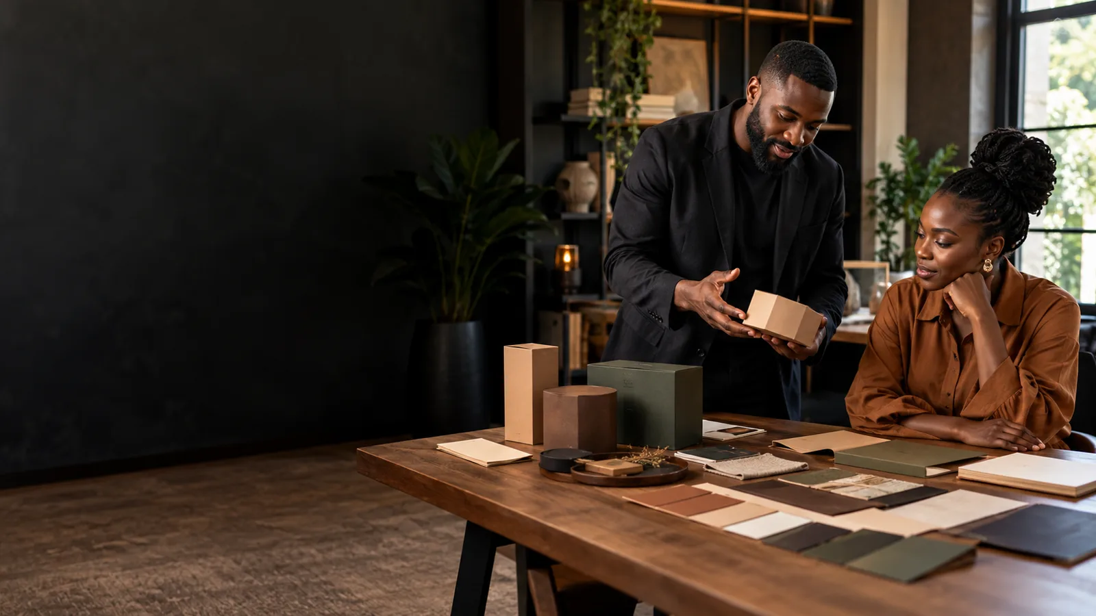 Black African brand strategist presenting packaging, stationery and colour samples