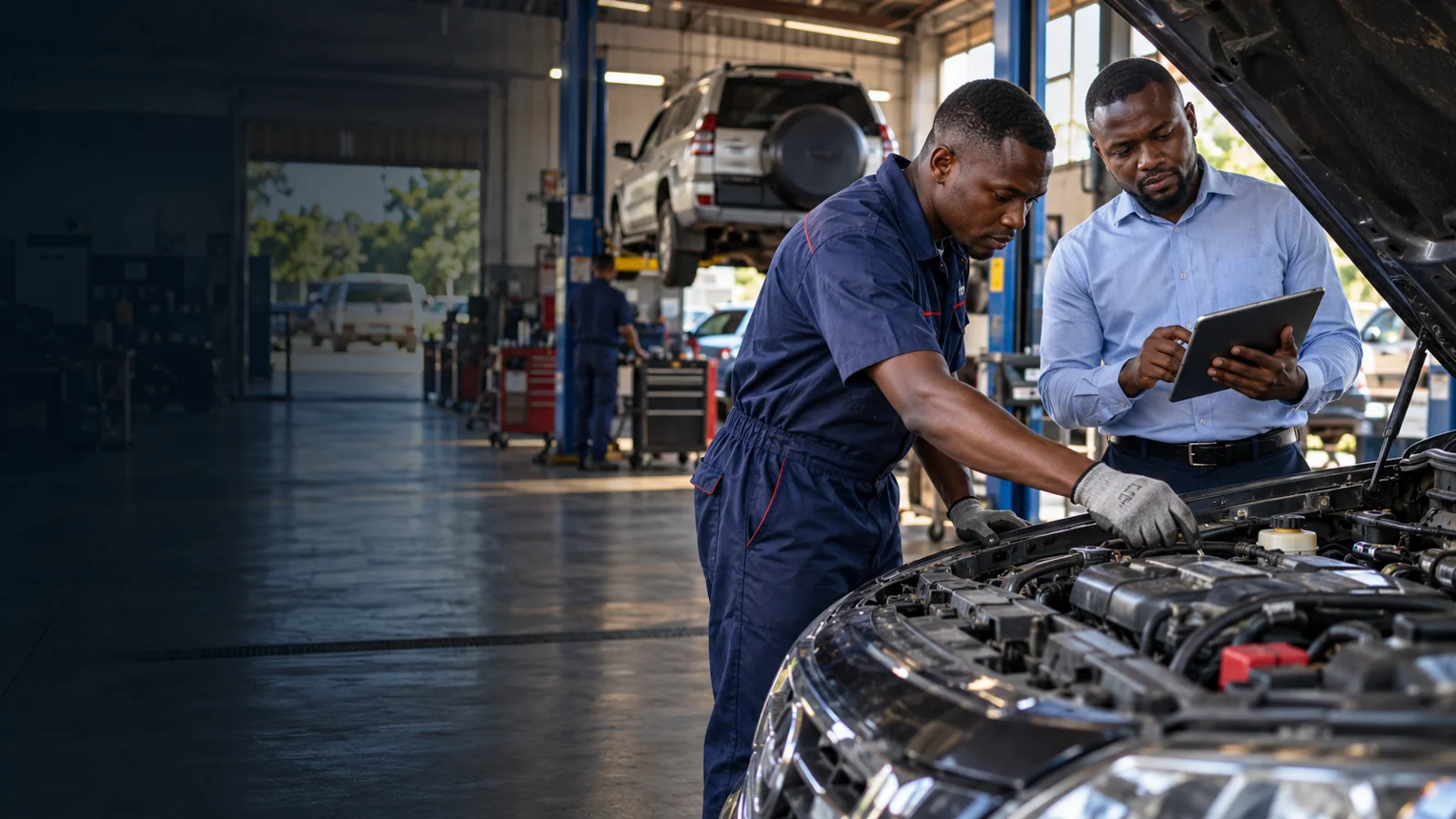 Black African mechanic and workshop manager coordinating a vehicle repair