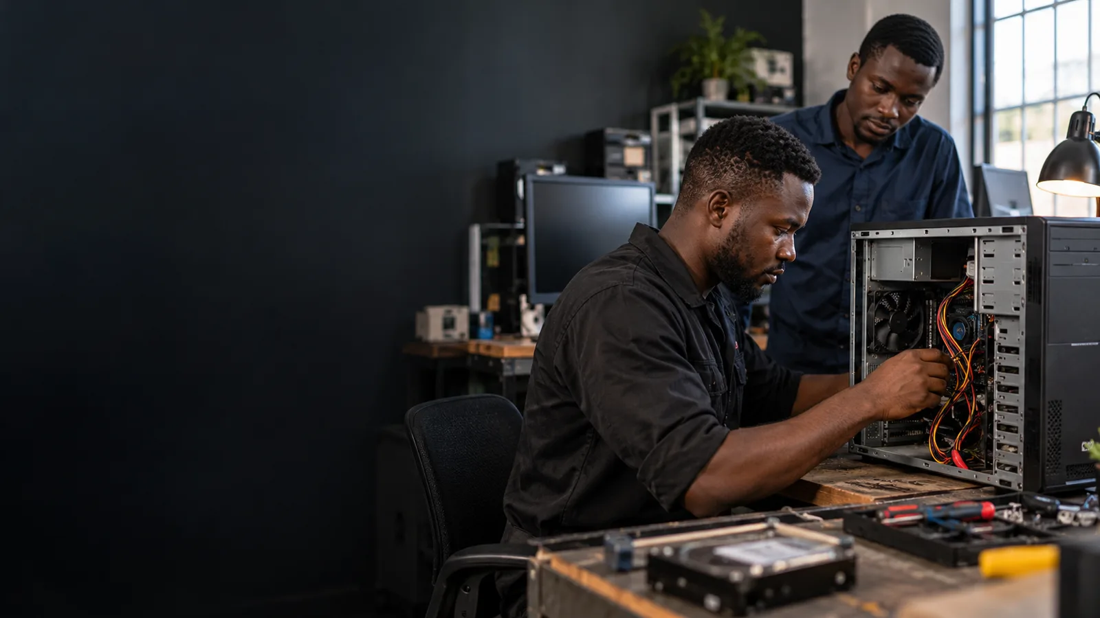 Black African IT technician diagnosing an open desktop computer at a repair bench
