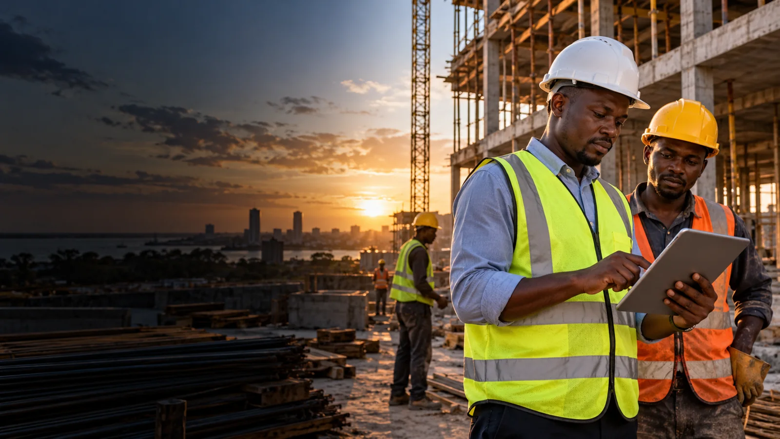 Black African construction engineer reviewing plans on a tablet at a building site